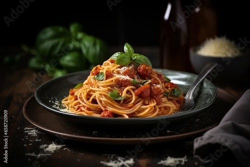 Spaghetti with tomato sauce on plate.. Generative Ai