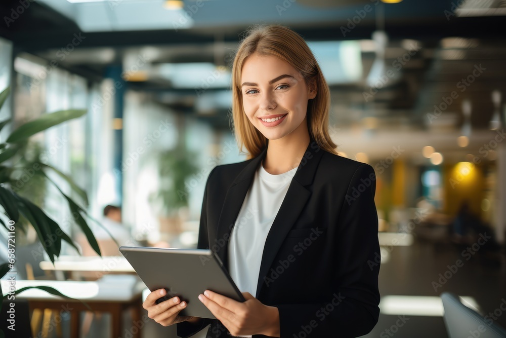 Fototapeta premium A professional woman holding a tablet in a business setting