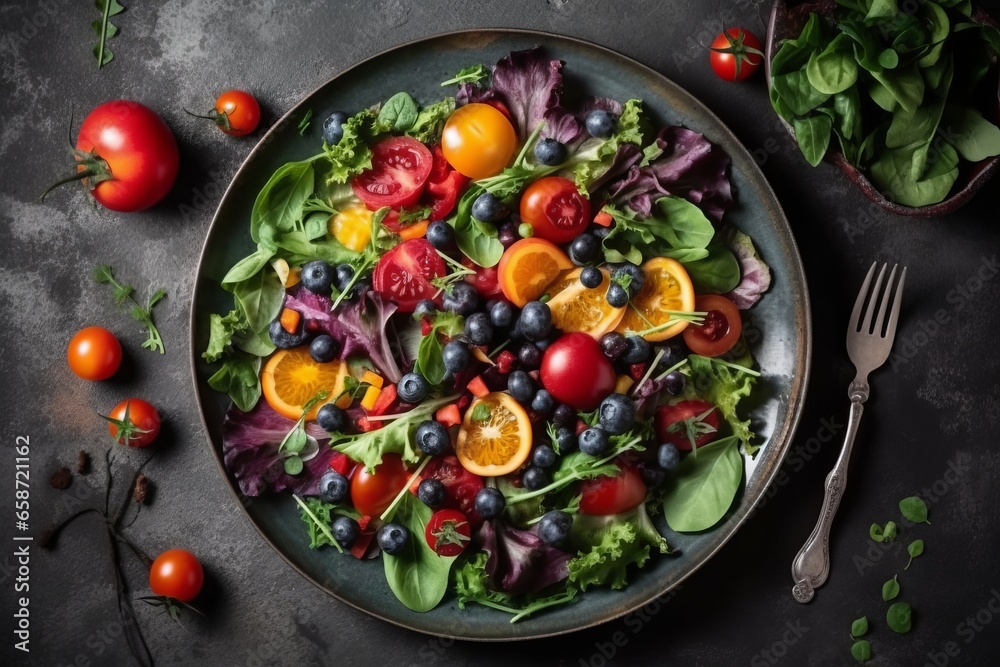 Top view of colorful and healthy salad on plate. Generative Ai Top view of colorful and healthy salad on plate. Generative Ai