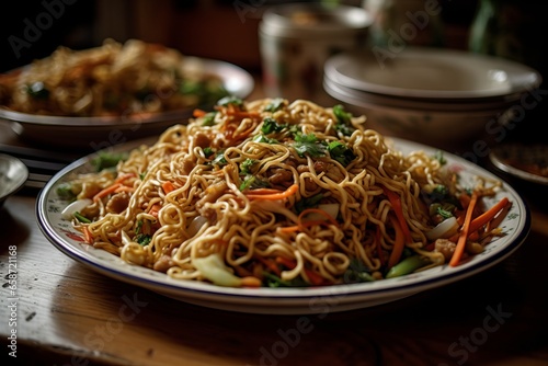 Delicious chow mein on table. Generative Ai