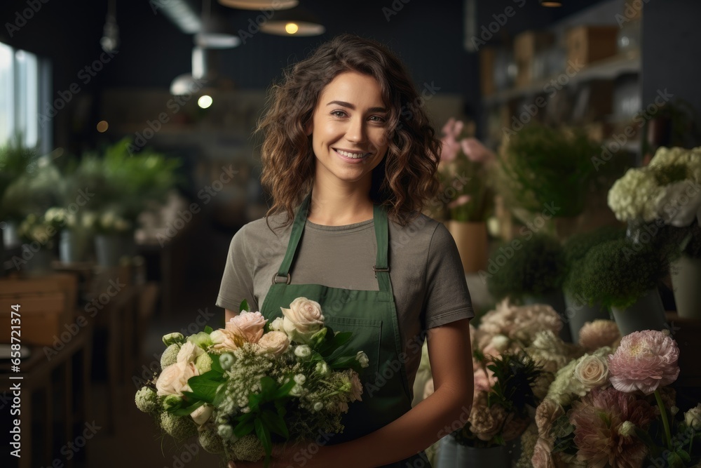 A woman holding a bouquet of flowers in a flower shop