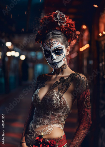 Young Mexican woman dressed for Day of the Dead (Día de los Muertos) celebrations with elaborate makeup including black and white colorful face paint, black eyes, and a bouquet of red roses