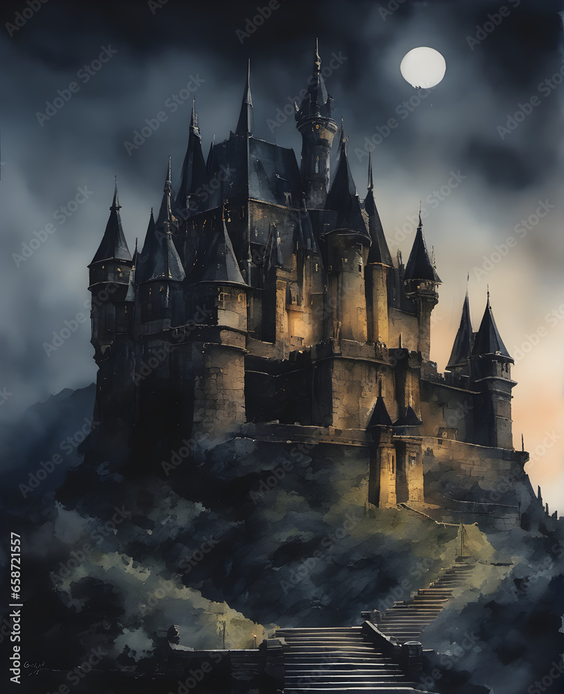 Majestic Ancient Castle in Moonlight - Enchanting Watercolor Night View. generative AI