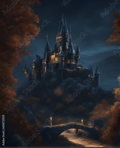 Majestic Ancient Castle under Starry Night Sky, Watercolor Illustration. generative AI