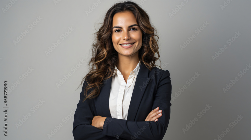 Successful businesswoman standing in grey background and looking at camera. Woman entrepreneur in a coworking space smiling. Portrait of beautiful business woman standing in isolated grey background Successful businesswoman standing in grey background and looking at camera. Woman entrepreneur in a coworking space smiling. Portrait of beautiful business woman standing in isolated grey background