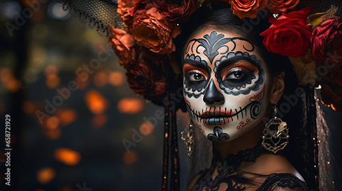 Young Mexican woman dressed for Day of the Dead (Día de los Muertos) celebrations with elaborate makeup including black and white colorful face paint, black eyes, and a bouquet of red roses