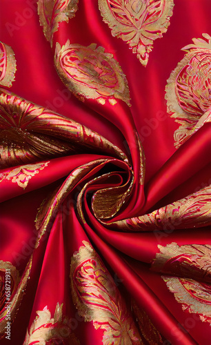 Crumpled Thai silk native fabric. red fabric with a gold pattern. Drapery. Maroon background.