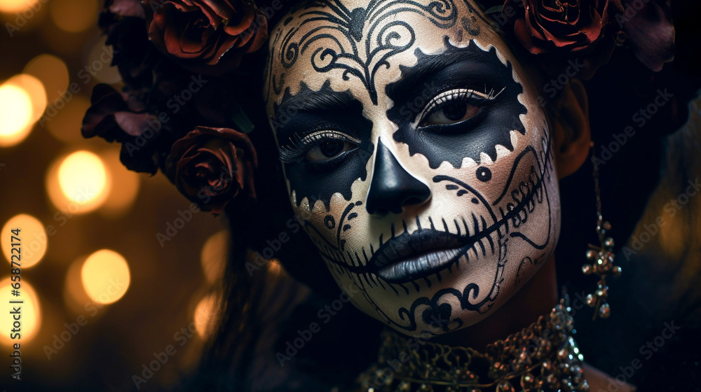 Naklejka premium Young Mexican woman dressed for Day of the Dead (Día de los Muertos) celebrations with elaborate makeup including black and white face paint, black eyes, and a bouquet of red roses