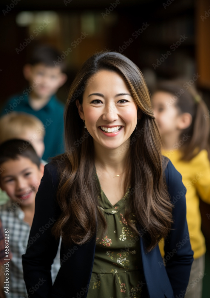 Obraz premium Fostering Curiosity & Growth: Young Female Teacher Nurturing Minds of School Children in a Scholarly Environment. Generative AI.