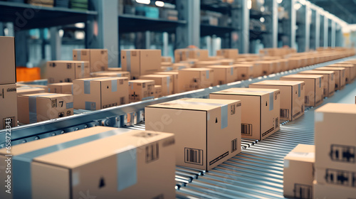 Closeup of multiple cardboard box packages seamlessly moving along a conveyor belt in a warehouse fulfillment center, a snapshot of e-commerce, delivery, automation and products