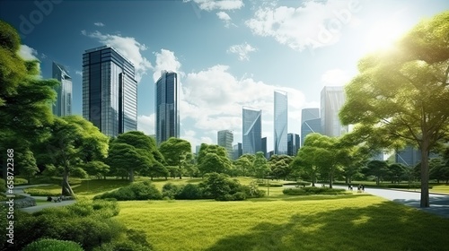 Public park and high buildings cityscape, Green environment city, World Environment Day concept.