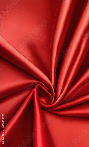 Red silk satin background. Beautiful soft wavy folds on smooth shiny fabric. Anniversary, Christmas, wedding, valentine, event, celebration concept. Red luxury background with copy space for design.