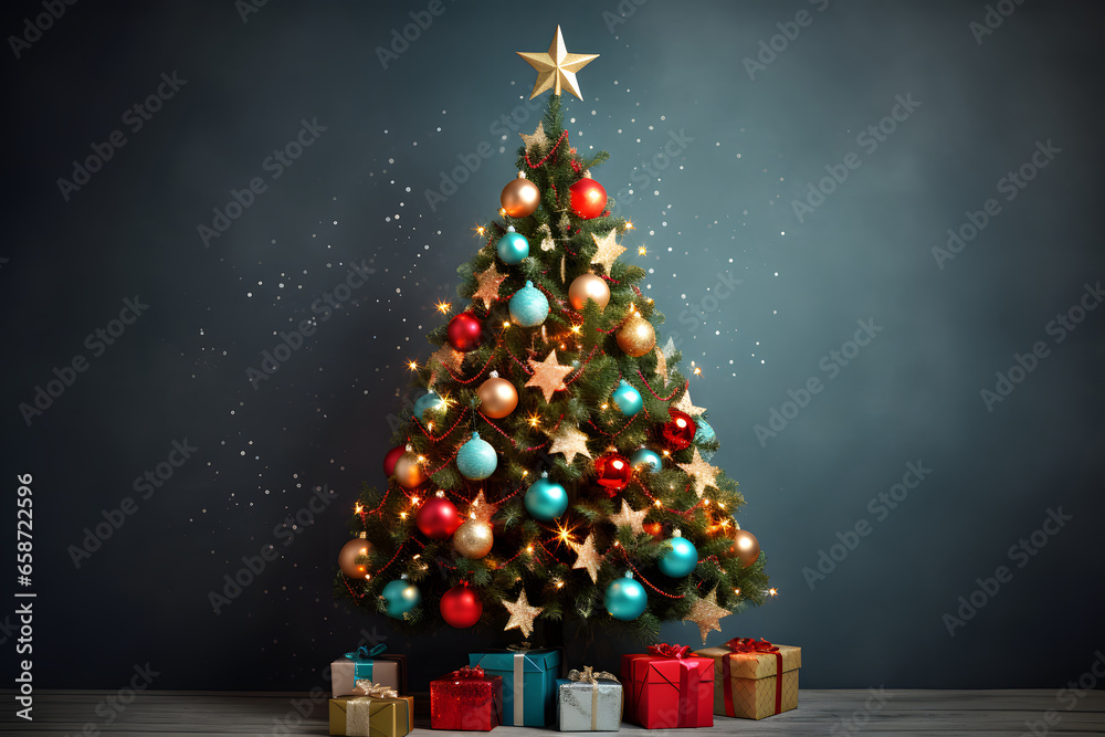 Background for a greeting card. Beautiful decorated Christmas tree and gift boxes with copy space over dark wall
