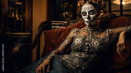 Young Mexican woman dressed for Day of the Dead celebrations, sitting lasciviously on sofa, with elaborate makeup including black and white colorful face paint, black eyes, and roses photo