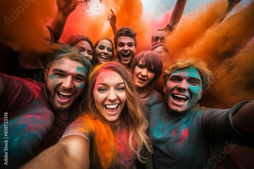 Lebensfreude auf dem Holi-Festival: Glückliche junge Menschen machen Selfie inmitten farbenfroher Pulverwolken