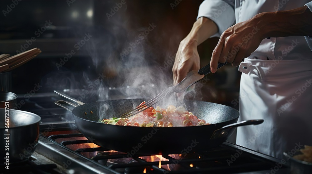 Close-up of professional cook's hands in uniform apron adds some spices to dish, prepares delicious meal for guests in cuisine kitchen in hotel restaurant. The male chef adds salt to a steaming hot