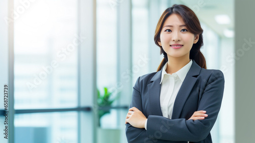 Free Download Cheerful asian business woman standing in office with arms crossed.
 - GFXLoad