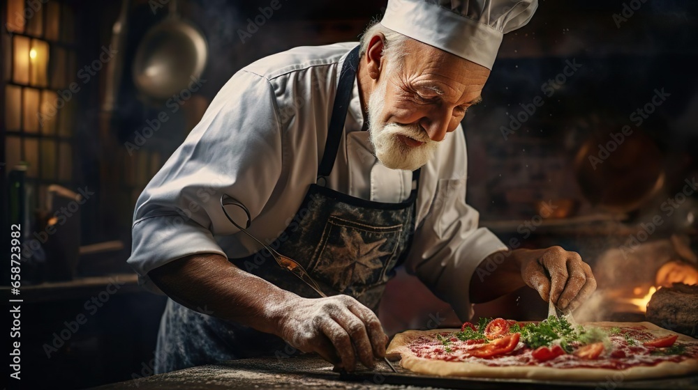 Professional elderly cook in uniform adds some spices to dish, prepares delicious meal for guests in cuisine kitchen in hotel restaurant. The male chef adds salt to a steaming hot frying pan. Food