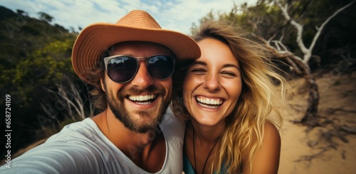 Glückliches Paar teilt fröhliche Urlaubsfreude, Selfie am traumhaften Strand - Lebensfreude, Spaß und Abenteuer zusammen erleben