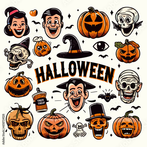 Halloween element collection, Vintage 50s cartoon Illustration