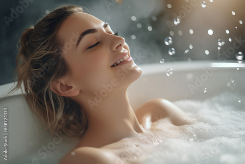 Beautiful young woman taking a bubble bath. Close-up shot in bath tub. Spa, wellness and wellbeing concept.