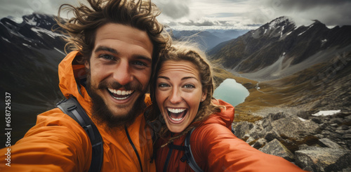 Glückliches Paar im Bergurlaub: Gemeinsames Selfie strahlt Lebensfreude und Abenteuerlust aus photo