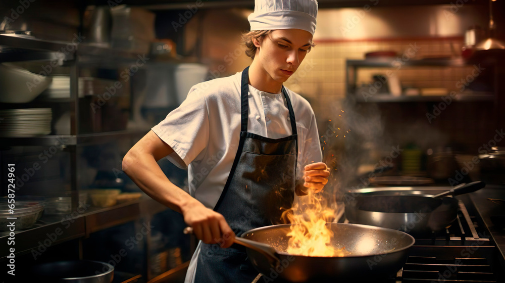 Professional young cook in uniform apron and hat adds some spices to dish, prepares delicious meal for guests in cuisine kitchen in hotel restaurant. The male chef adds salt to a steaming hot frying Professional young cook in uniform apron and hat adds some spices to dish, prepares delicious meal for guests in cuisine kitchen in hotel restaurant. The male chef adds salt to a steaming hot frying