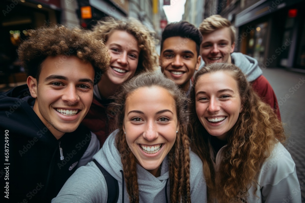 Fröhliche Teenager-Gruppe macht Herbst-Winter Selfies in der Stadt - Teamgeist, Lebensfreude und Glück mit Freunden - obrazy, fototapety, plakaty 