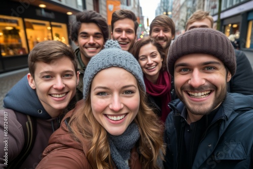 Fröhliche Teenager-Gruppe macht Herbst-Winter Selfies in der Stadt - Teamgeist, Lebensfreude und Glück mit Freunden photo