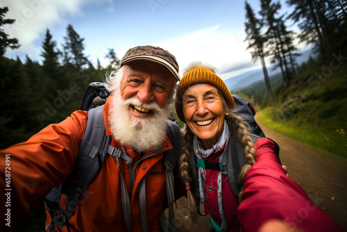  Selfie shot of smiling senior couple taking selfie on mobile, smartphone while traveling in forest or calling their friends, relatives while hiking with backpacks. Elderly healthy life concept