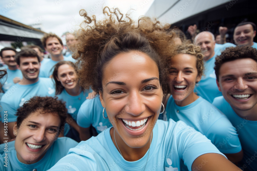 Obraz premium Teamgeist und Lebensfreude: Junge Frau mit fröhlichem Team, lachend, Spaß und Glück, beim gemeinsamen Selfie - Erfolg fürs Leben