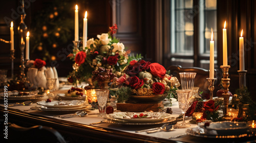 Modern luxuryous christmas table, christmas, table, decoration, home, room, tree, interior, fireplace, house, christmas tree, holiday, dinner, celebration, decor, candle, flowers, xmas, restaurant