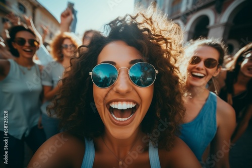 Lebensfreude im Sommer: Junge Frau und Freunde lachen, machen Selfie, teilen Glück und Spaß