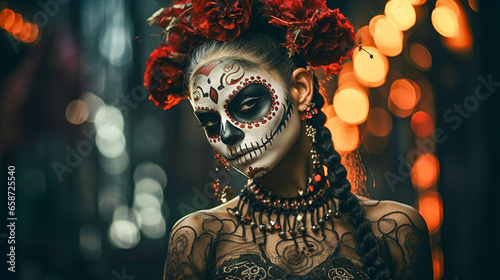 Young woman dressed for Day of the Dead (Día de los Muertos) celebrations with elaborate makeup including black and white colorful face paint, black eyes, and a bouquet of red roses