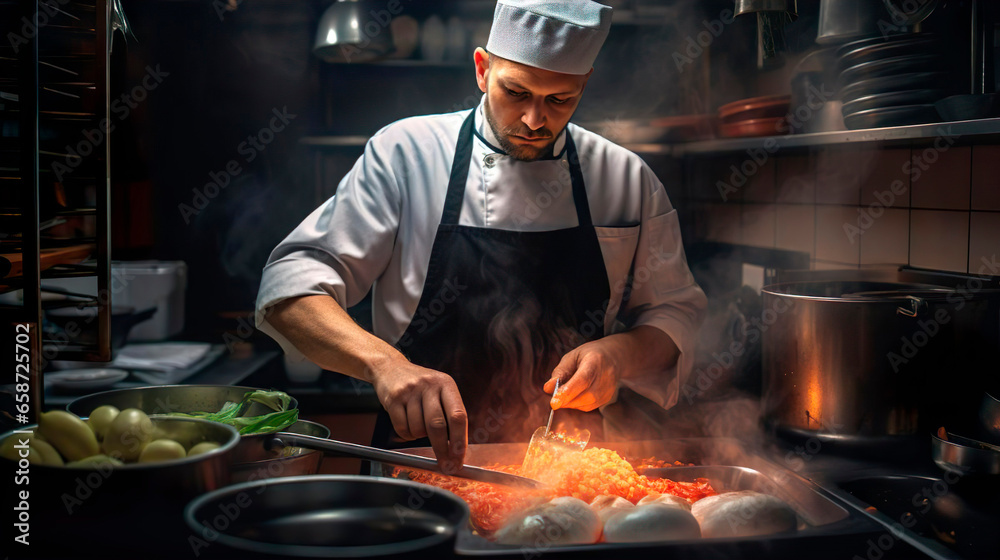 Professional elderly cook in uniform adds some spices to dish, prepares delicious meal for guests in cuisine kitchen in hotel restaurant. The male chef adds salt to a steaming hot frying pan. Food