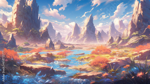 Beautiful colorful anime landscape in a fantasy world - Generative AI