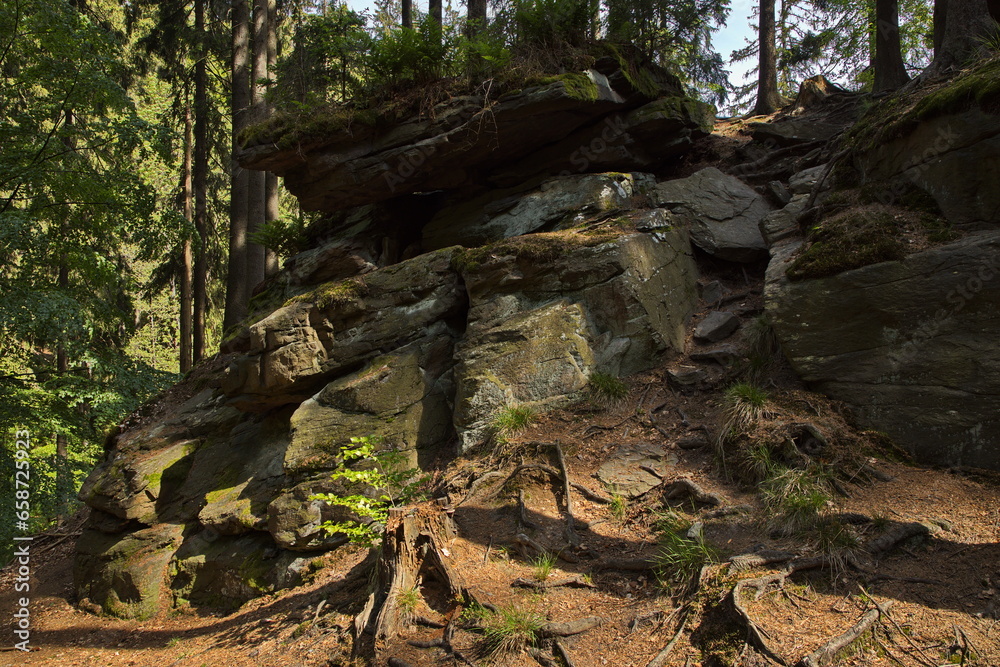 Rock formation at the hiking track at Zemska brana,Pardubice Region,Czech Republic,Europe
