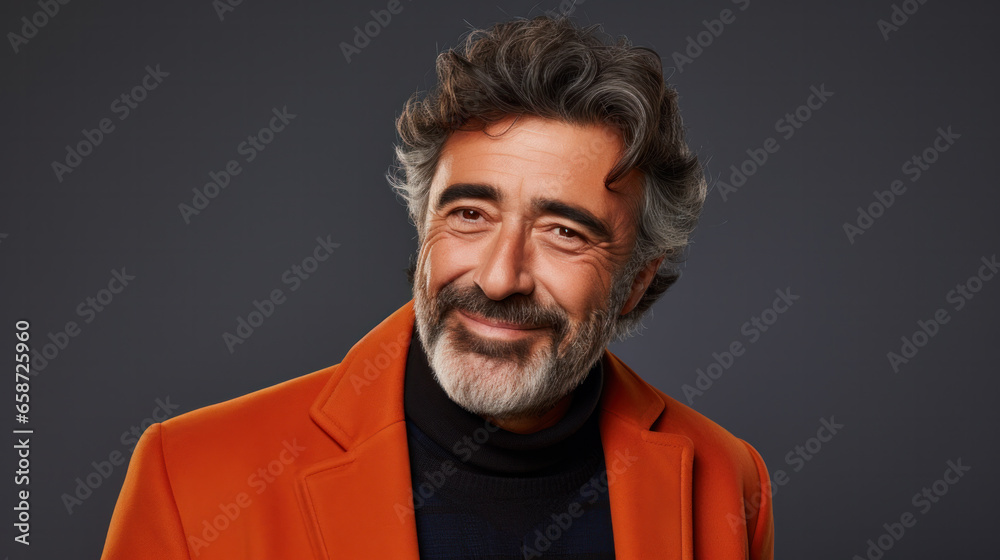 Photo of handsome man in casual wear. Studio portrait with dark wall on background