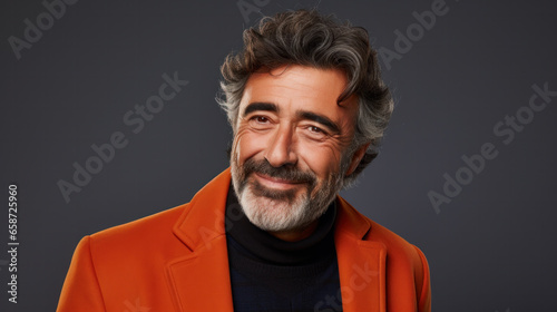 Photo of handsome man in casual wear. Studio portrait with dark wall on background