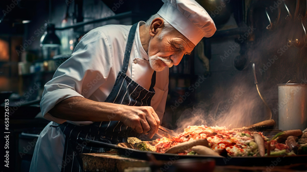 Professional elderly cook in uniform adds some spices to dish, prepares delicious meal for guests in cuisine kitchen in hotel restaurant. The male chef adds salt to a steaming hot frying pan. Food