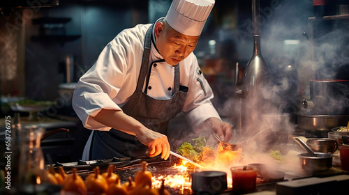 Professional Asian elderly cook in uniform adds some spices to dish, prepares delicious meal for guests in cuisine kitchen in hotel restaurant. The male chef adds salt to a steaming hot frying pan