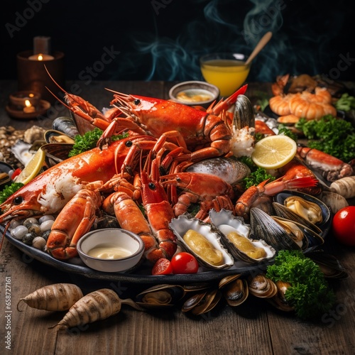 Barbeque Seafood plate with sauce. Generative AI.