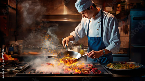 Professional young cook in uniform apron and hat adds some spices to dish  prepares delicious meal for guests in cuisine kitchen in hotel restaurant. The male chef adds salt to a steaming hot frying