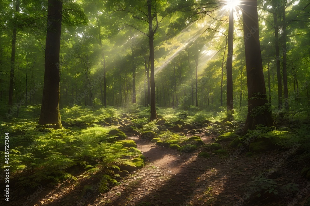 Fototapeta premium Enchanted Forest Sunlight Serenity - Generative AI Edition