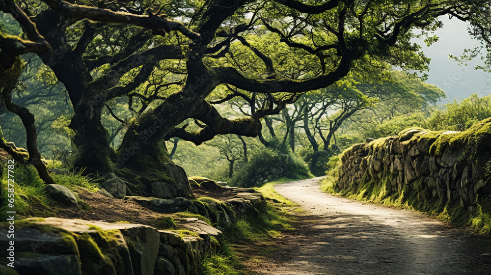 The sun brightly shines through the crooked branches of a majestic green tree