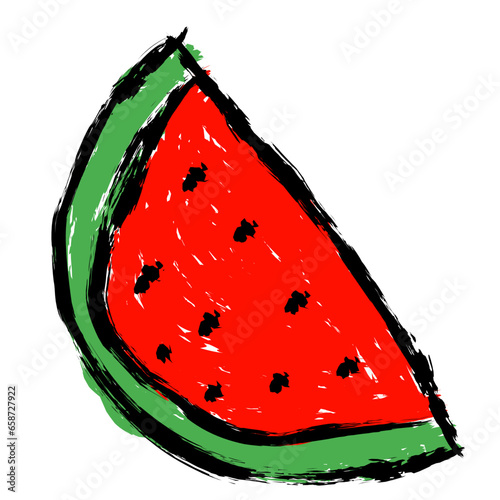 children's hand-drawn crayon watermelon isolated on white paper, brush painting style, coloring in crayon style