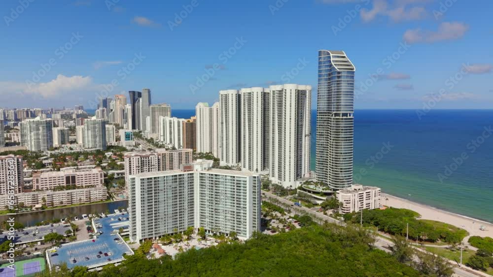 Stock video establishing shot Sunny Isles Beach Florida facing north from south Stock video establishing shot Sunny Isles Beach Florida facing north from south