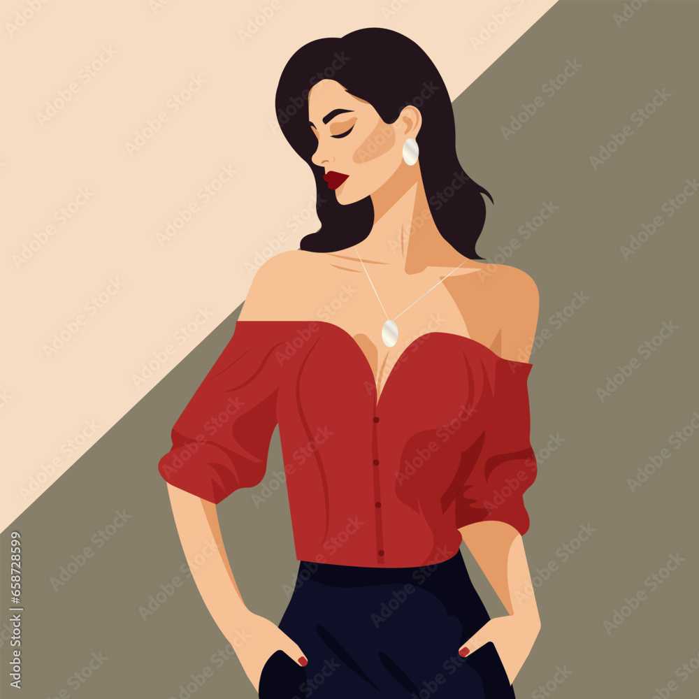 Vector flat fashion illustration, young dark-haired elegant woman with a beautiful figure posing in a stylish red blouse with bare shoulders.