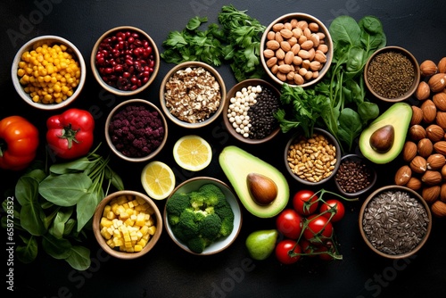 Bird's eye view of plant-based food assortment with abundant fiber, comprising fruits, veggies, seeds, and nutrient-dense ingredients, ideal for cooking. Space for adding text. Generative AI