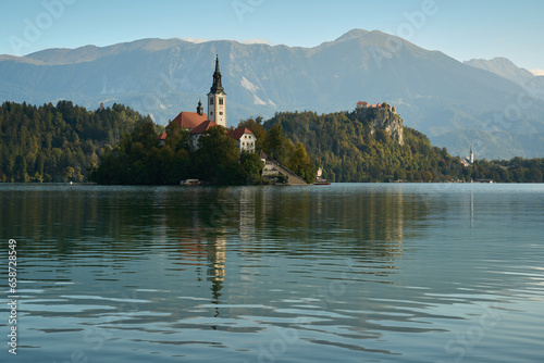 Wallpaper Mural Landscape of Lake Bled on an autumn morning with the famous Church on the Island and the Alps in the background Torontodigital.ca
